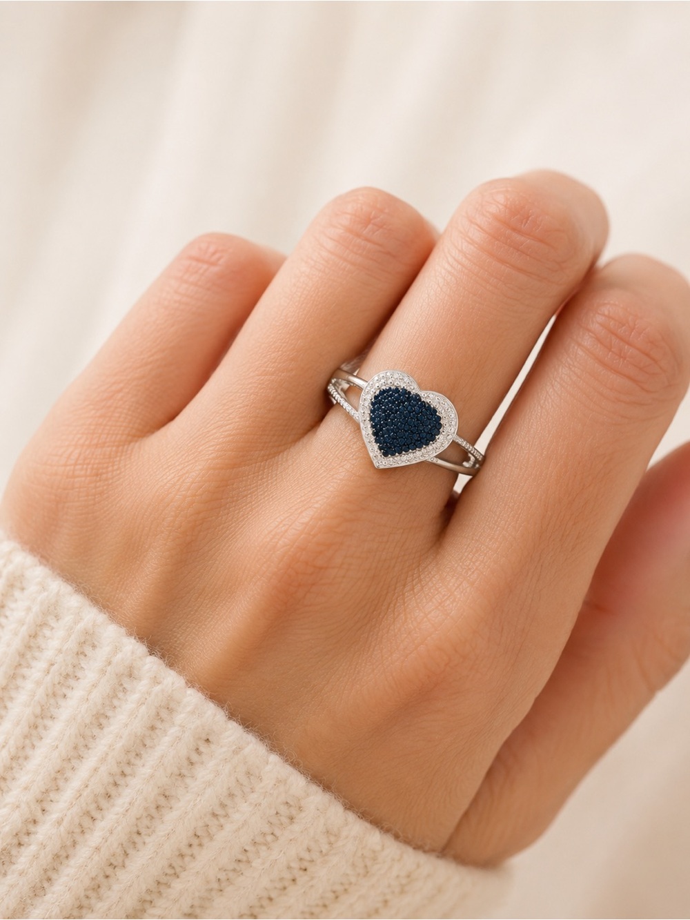 Blue Diamond Accent Heart Ring in Rhodium & Platinum Over Sterling Silver Size 5
